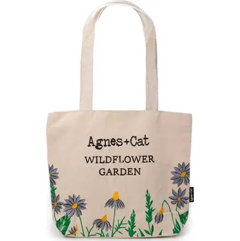 Kabelka Agnes+Cat Agnes+ Cat Wildflower garden bavlněná taška s výšivkou bílá s fialkovými květy