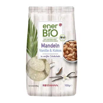 enerBiO Mandle v bílé čokoládě s vanilkou a kokosem 100 g