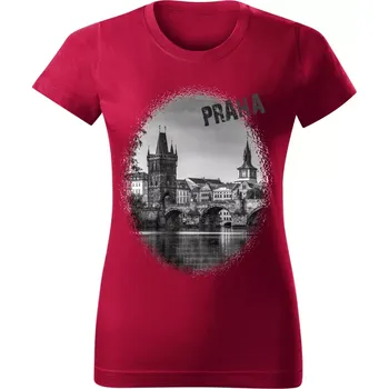 Dámské tričko Dámské tričko s městem Praha Karlův most červené XS (Dámské tričko s městem , Karlův most , Praha )