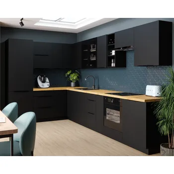 Kuchyňská linka Kuchyňská linka Siena, rohová sestava L, 210 x 360 cm, černá / černá matná