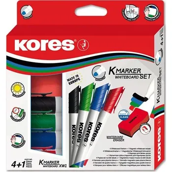 Popisovač na bílé tabule Kores - kulatý hrot, sada 4 barev s houbičkou