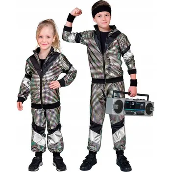 Karnevalový kostým KOSTÝM TEPLÁKOVKA METALICKY STŘÍBRNÁ UNISEX 80. LET SPORT 128