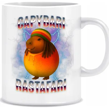 Bílý hrnek o objemu 330 ml s potiskem potiskem italských kapybari a rastafariánů Brain Rot .