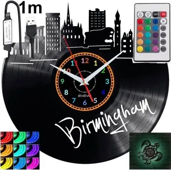 Hodiny Birmingham Nástěnné Hodiny LED RGB s Dálkovým Ovládáním - Vinylová Deska - Nové