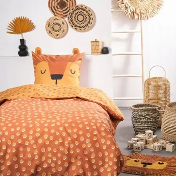 Povlečení POVLEČENÍ BAVLNĚNÉ PRO DĚTI ORANŽOVÉ TYGR 200 X 140 CM KNOFLÍKY