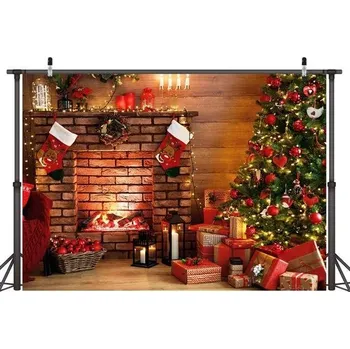 Příslušenství pro videokameru LYWYGG Vánoční pozadí s krbem 7x5FT s punčochou, stromečkem a bytovou dekorací - Štědrý den