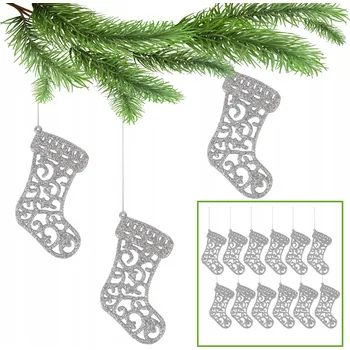 Vánoční dekorace Stříbrné vánoční ponožky na stromeček, vánoční ozdoby 10 cm, 12 Ks