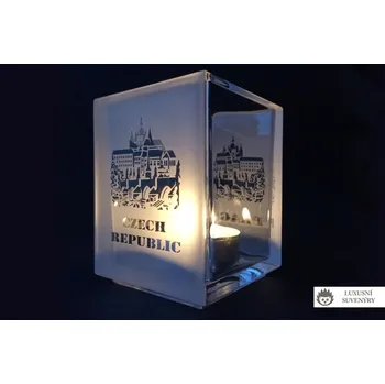 Svícen SUVENÝR - SKLENĚNÝ SVÍCEN NA ČAJOVOU SVÍČKU Z OLOVNATÉHO KŘIŠŤÁLU CRYSTAL BOHEMIA - PRAGUE CZECH REPUBLIC