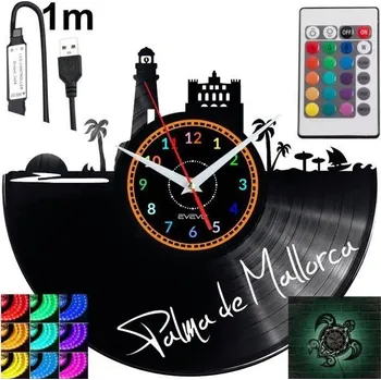 Hodiny Palma de Mallorca Nástěnné Hodiny s LED RGB Podsvícením a Dálkovým Ovládáním - Vinylová Deska