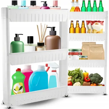 regál Koupelnová police RETOO volně stojící bílá se 3 policemi na kolečkách matná