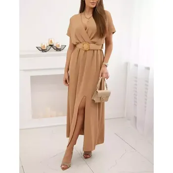 Dámské šaty Dámské šaty dlouhé s ozdobným páskem zdarma 6012F-10 velbloudí / béžová - univerzální - S/M/L (univerzální )