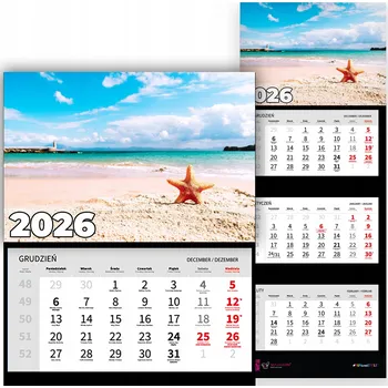 Kalendář Trojdílný kalendář na rok 2026, měsíční, nástěnný, kancelářský - motiv pláže (různé vzory)