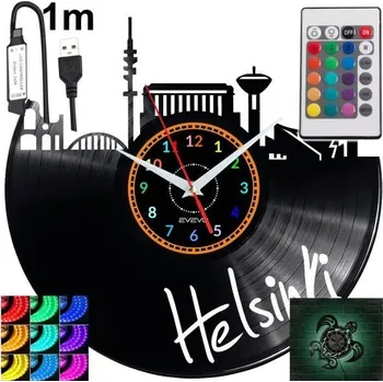 Hodiny Helsinki Nástěnné Hodiny s LED RGB Podsvícením a Dálkovým Ovládáním - Vinylová Deska - Moderní Design