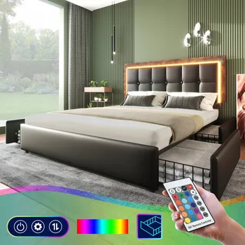 Postel Manželská postel, čalouněná postel 140x200 cm, 4 šuplík, LED, PU černá