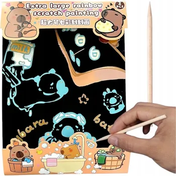kreativní sada ŠKRÁBACÍ OBRÁZKY S DUHOVÝM PODKLADEM KAPYBARA STÍRACÍ OBRÁZKY PRO DĚTI ŠKRABADLO KREATIVNÍ ZÁBAVA