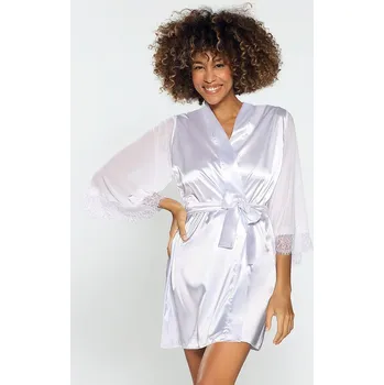 Dámský erotický župan Saténový župan s tylovými rukávy a páskem Bonnie Barva: Bílá, Velikost: L