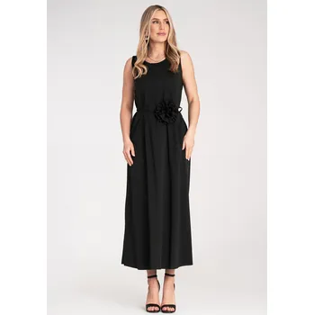 Oblečení a móda Maxi šaty s páskem s květem M1191 Barva: Černá, Velikost: ONE SIZE