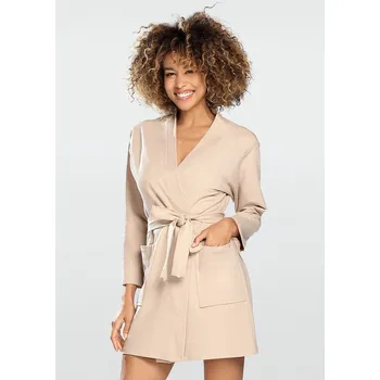 Dámský župan Krátký bavlněný župan s páskem a kapsami POLA Barva: Béžová, Velikost: XL