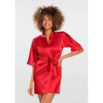 Dámský erotický župan Dámský saténový župan s výstřihem a páskem 90 Barva: Červená, Velikost: XS
