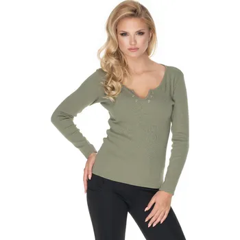Dámská halenka Klasická bavlněná halenka s výstřihem do V s druky 0163 Barva: Khaki, Velikost: ONE SIZE
