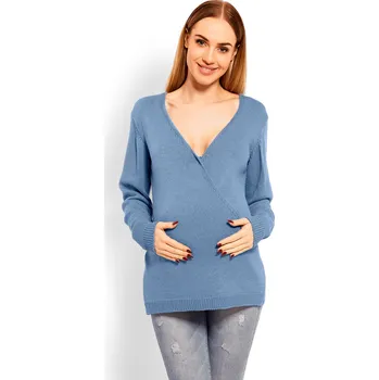 Dámský svetr TĚHOTENSKÝ VLNĚNÝ SVETR S OBÁLKOVÝM VÝSTŘIHEM 40002C Barva: Světle Modrá, Velikost: ONE SIZE