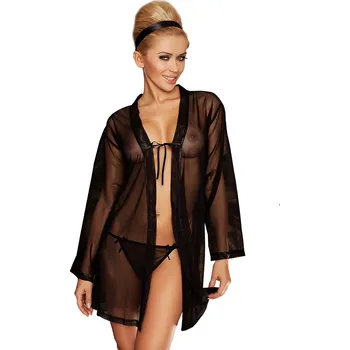 Dámský erotický župan Dámský průsvitný župan s jemnou stuhou AMANDA Barva: Černá, Velikost: M