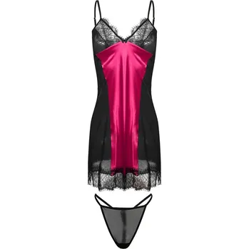 Dámská erotická souprava Sexy saténová košilka s krajkou + tanga Delia Barva: Růžová, Velikost: 2XL