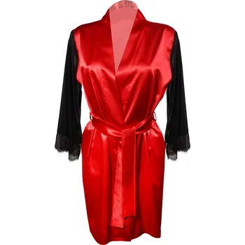 Dámský erotický župan Saténový župan s tylovými rukávy a páskem Bonnie Barva: Červená, Velikost: XS