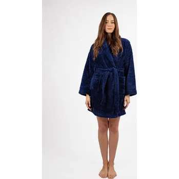 Dámské noční prádlo Dámský plyšový župan krátký s kapsami a páskem ELIZA Barva: Tmavě Modrá, Velikost: 3XL