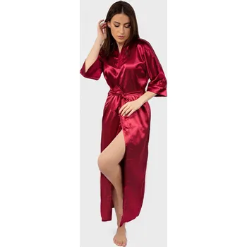 Dámský erotický župan Dlouhý saténový župánek pro ženy s páskem 130 Barva: Bordová, Velikost: S