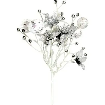 Zahradní dekorace Bison Větvička s kouličkami a poinsettií bílostříbrná