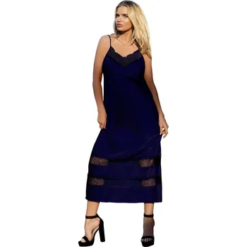 Dámské šaty Dlouhá saténová košilka s ramínky a krajkovými pruhy April Barva: Tmavě Modrá, Velikost: L