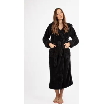 Dámský župan Dlouhý plyšový župan s kapucí a páskem DIANA LONG Barva: Černá, Velikost: M
