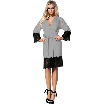 Dámský erotický župan Smyslný viskózový zupan dámský s krajkou a páskem Jasmin Barva: Šedá, Velikost: L