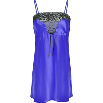 Dámské erotické šaty Saténová košilka na ramínka s krajkovým topem a mašlí Flores Barva: Modrá, Velikost: XS