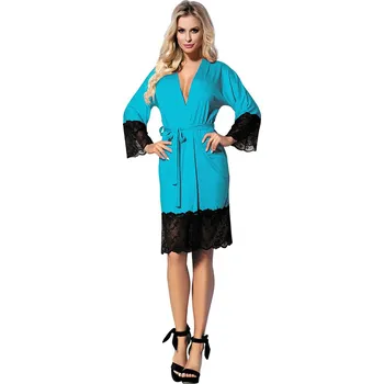 Dámské erotické prádlo Smyslný viskózový zupan dámský s krajkou a páskem Jasmin Barva: Tyrkysová, Velikost: XL