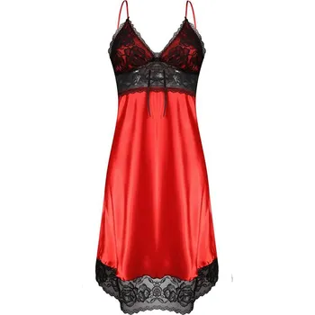 Dámské erotické šaty Zmyselná saténová košieľka na ramienka s čipkou AGATHA Barva: Červená, Velikost: L