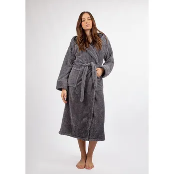 Dámský župan Dlouhý plyšový župan s kapucí a páskem DIANA LONG Barva: Šedá, Velikost: XL