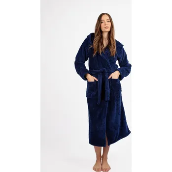 Dámský župan Dlouhý plyšový župan s kapucí a páskem DIANA LONG Barva: Tmavě Modrá, Velikost: L
