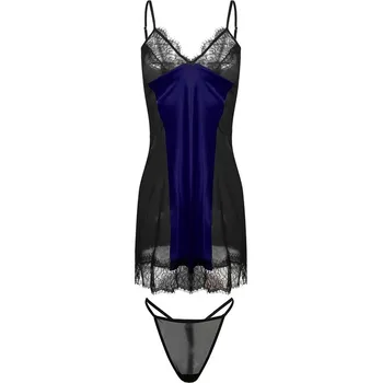 Dámská erotická souprava Sexy saténová košilka s krajkou + tanga Delia Barva: Tmavě Modrá, Velikost: L