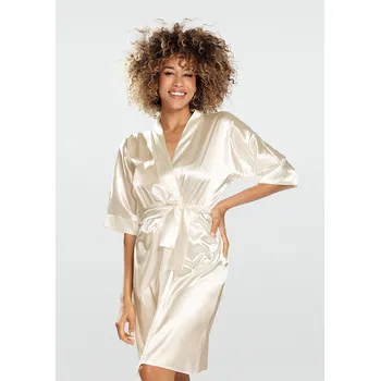 Dámské noční prádlo Dámský saténový župan midi s páskem Barva: Smetanová, Velikost: XL