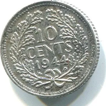 NIZOZEMÍ. 10 cents 1944. Ag.