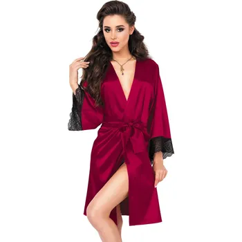 Dámský erotický župan Saténový sexy župan róba s opaskom a čipkou Nikola Barva: Bordová, Velikost: L
