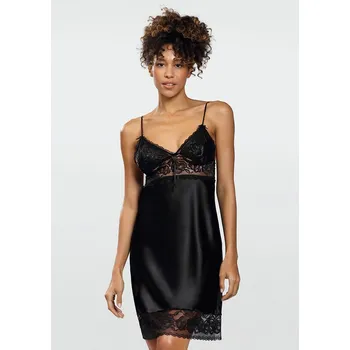 Dámské erotické šaty Zmyselná saténová košieľka na ramienka s čipkou AGATHA Barva: Černá, Velikost: S