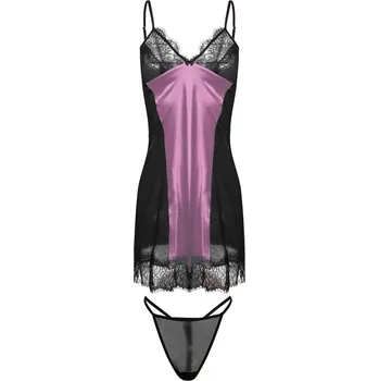 Dámská erotická souprava Sexy saténová košilka s krajkou + tanga Delia Barva: Vřesová, Velikost: XS