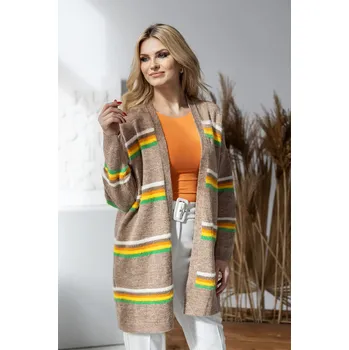 Dámský svetr BAREVNÝ PRUHOVANÝ CARDIGAN 30090 Barva: Kapučínová, Velikost: ONE SIZE