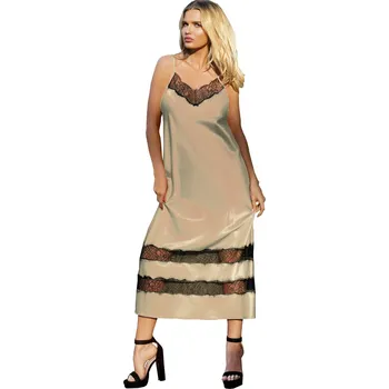 Dámské šaty Dlouhá saténová košilka s ramínky a krajkovými pruhy April Barva: Světle Hnědá, Velikost: XL