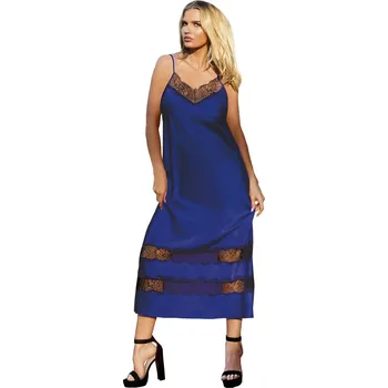 Dámské šaty Dlouhá saténová košilka s ramínky a krajkovými pruhy April Barva: Modrá, Velikost: XS