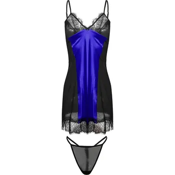 Dámská erotická souprava Sexy saténová košilka s krajkou + tanga Delia Barva: Modrá, Velikost: S