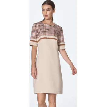 Dámské šaty Jednoduché kostkované šaty s kapsami S245 Barva: Béžová, Velikost: L